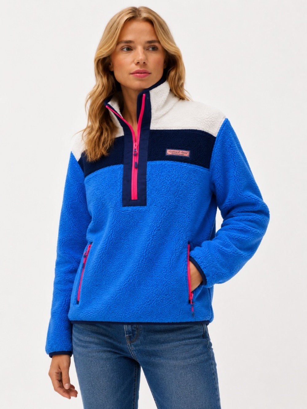 Vineyard Vines Colorblock Sherpa Fleece Pullover Blue Pink Women Size S
